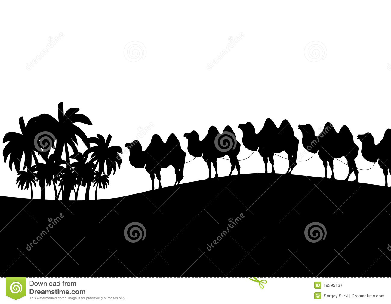 Black And White Outline Illustration Which Depicts A Camel Caravan