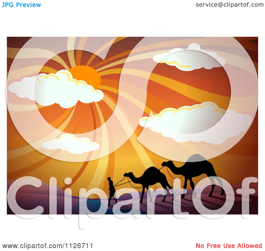 Camel Caravan At Sunset   Royalty Free Vector Clipart By Colematt