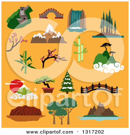 Clipart Of Flat Design Famous Landscapes And Buildings Of China Japan