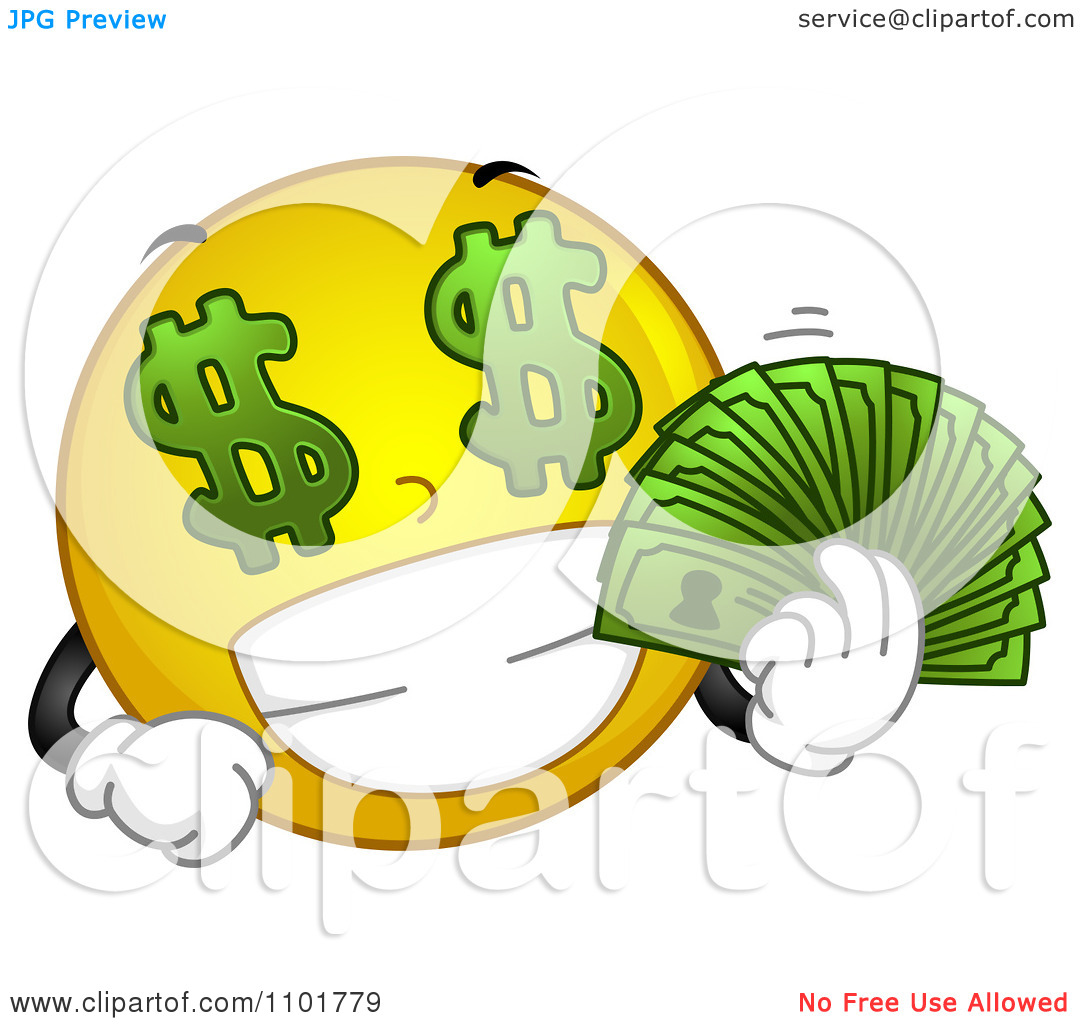 Clipart Rich Yellow Smiley Holding His Cash   Royalty Free Vector    