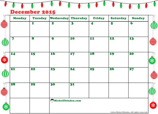 Printable December 2015 Calendar   Christmas Decoration  December 2015
