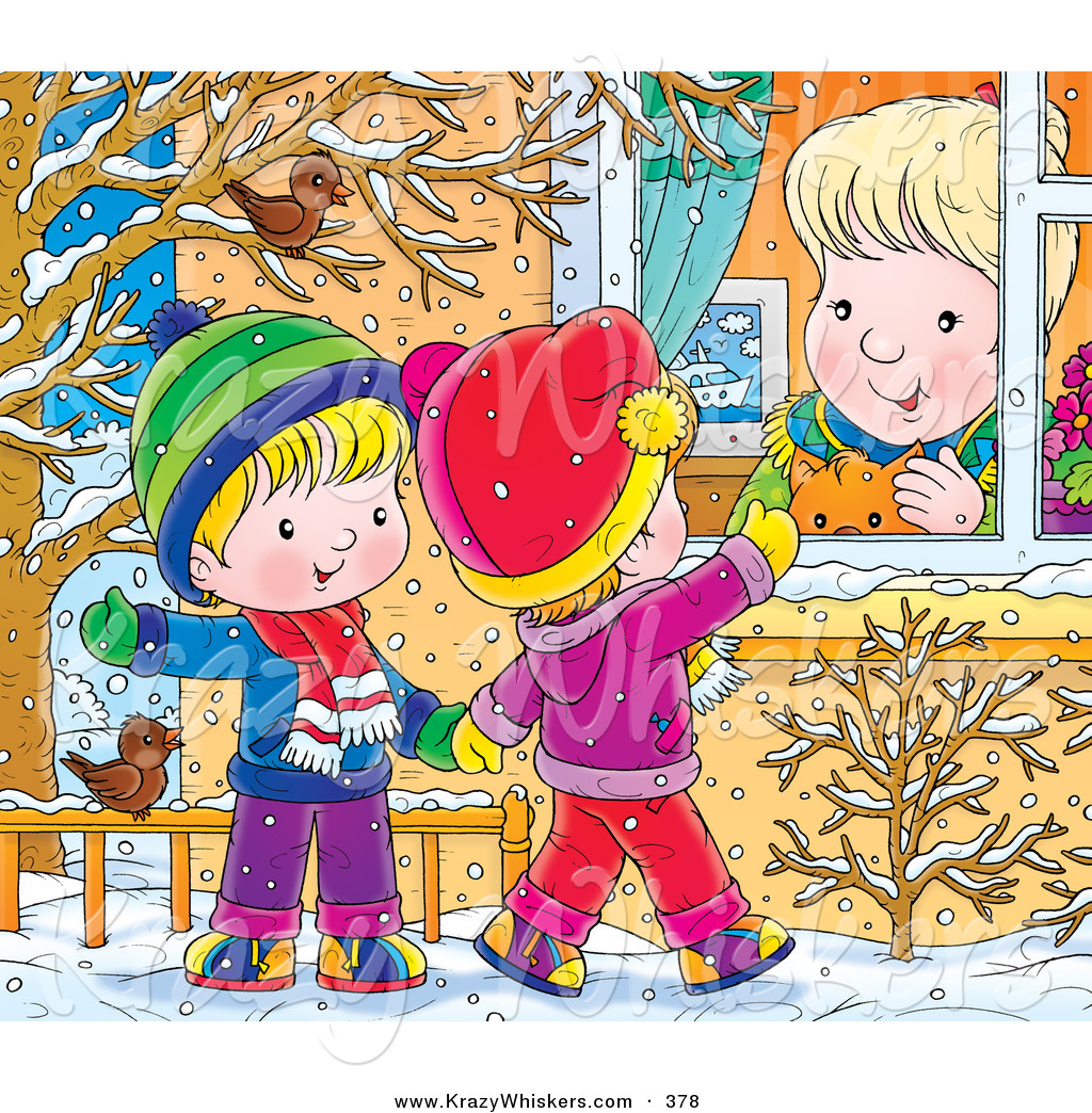 Children Wave To A Woman In A Window While Playing Outside In The Snow