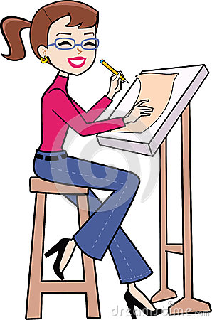 Retro Drawing Cartoon Woman Sitting And Making Plans On The Drawing    