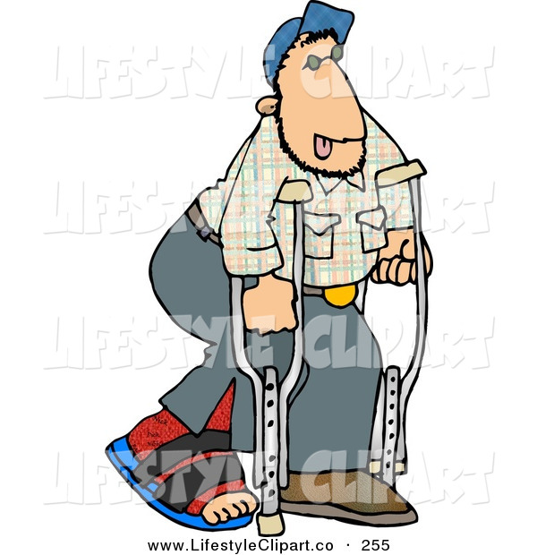 Smiling Man With Broken Leg And Crutch Clipart Image