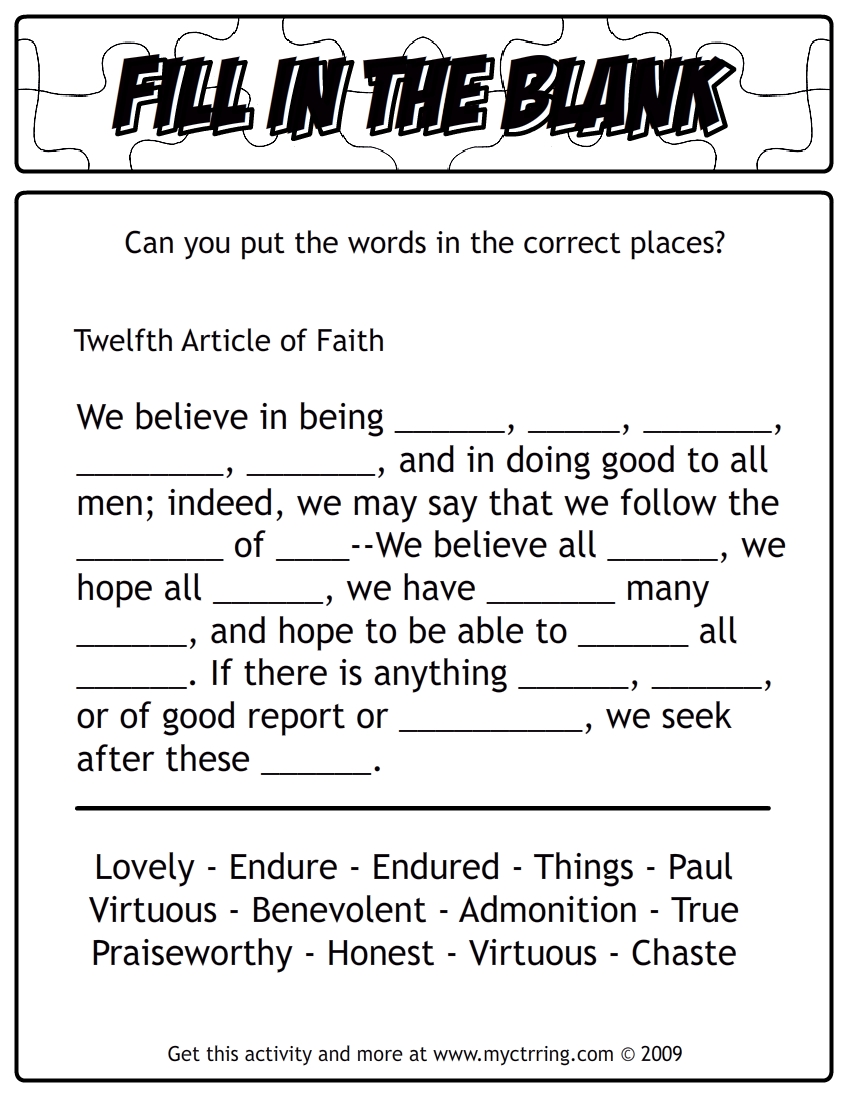 Thirteenth Article Of Faith Fill In The Blank Activity Puzzle