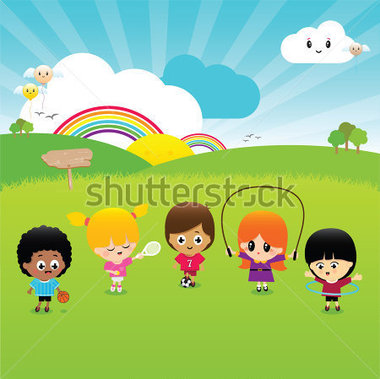 Vector Illustration Of Happy Children Playing Sports Outside