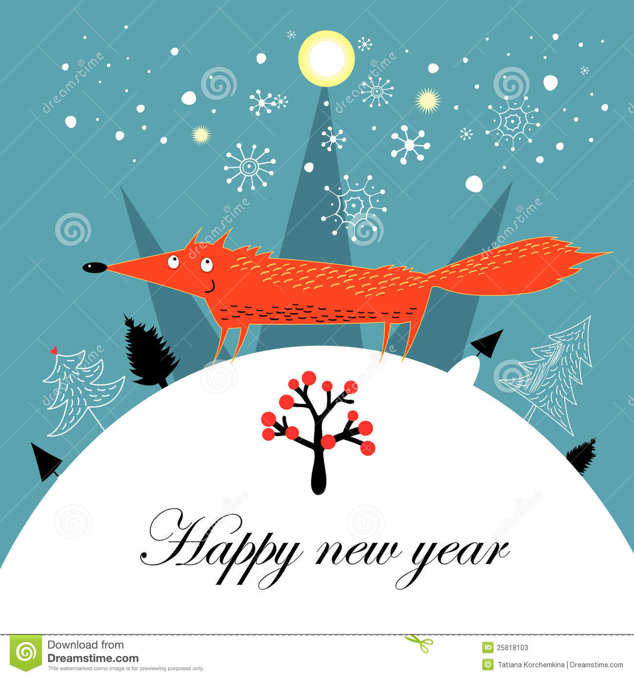 Bright Christmas Card Greeting With A Fox On A Blue Background With