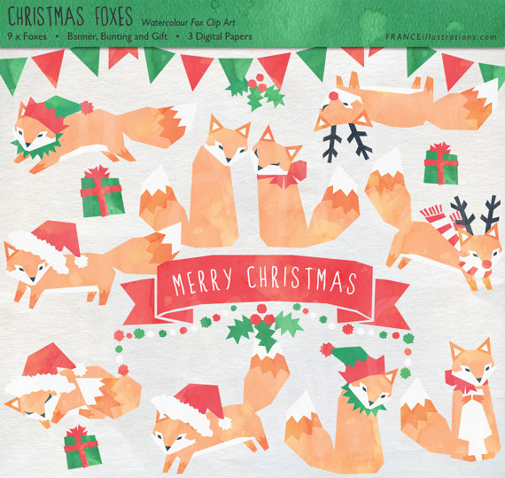 Fox Christmas Clip Art  Watercolor Clipart  Banners Paper Bunting