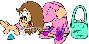 Girl Hunting Easter Eggs Wearing Bunny Slippers   Royalty Free Clipart