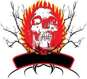Gothic Designed Skull With Flames And Bare Tree Branches   Royalty