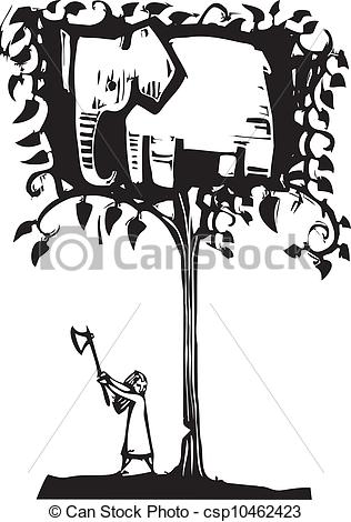Vector Illustration Of Elephant Hunting   Girl With Axe Chopping Down