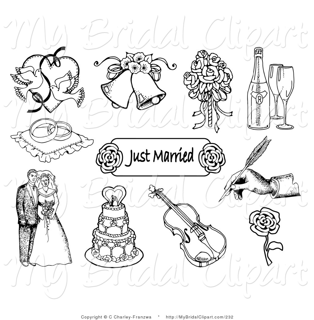Bridal Clipart Of A Black And White Set Of Doves Wedding Bells A    