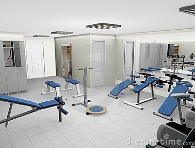 Equipment In Rendered White Modern Fitness Room With Mirror On Wall