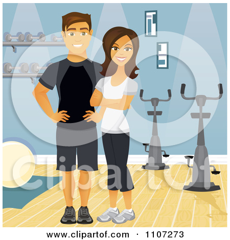 Happy Fit Couple Or Personal Trainers Near Spin Bikes In A Gym By