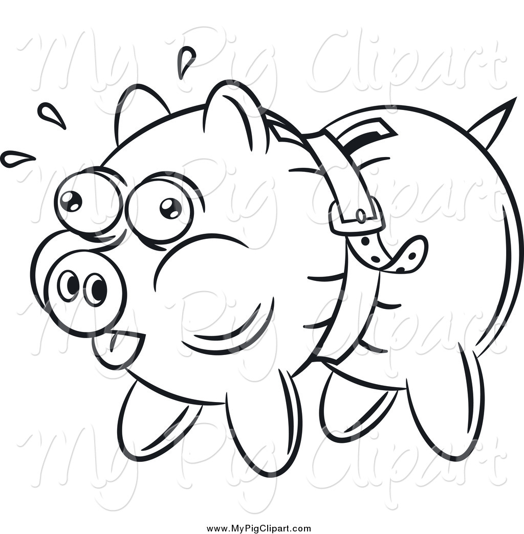 Swine Clipart Of A Black And White Piggy Bank Being Squeezed By A Belt    