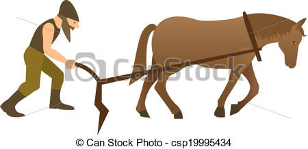 Vector   Plowman And Horse With Plow   Stock Illustration Royalty