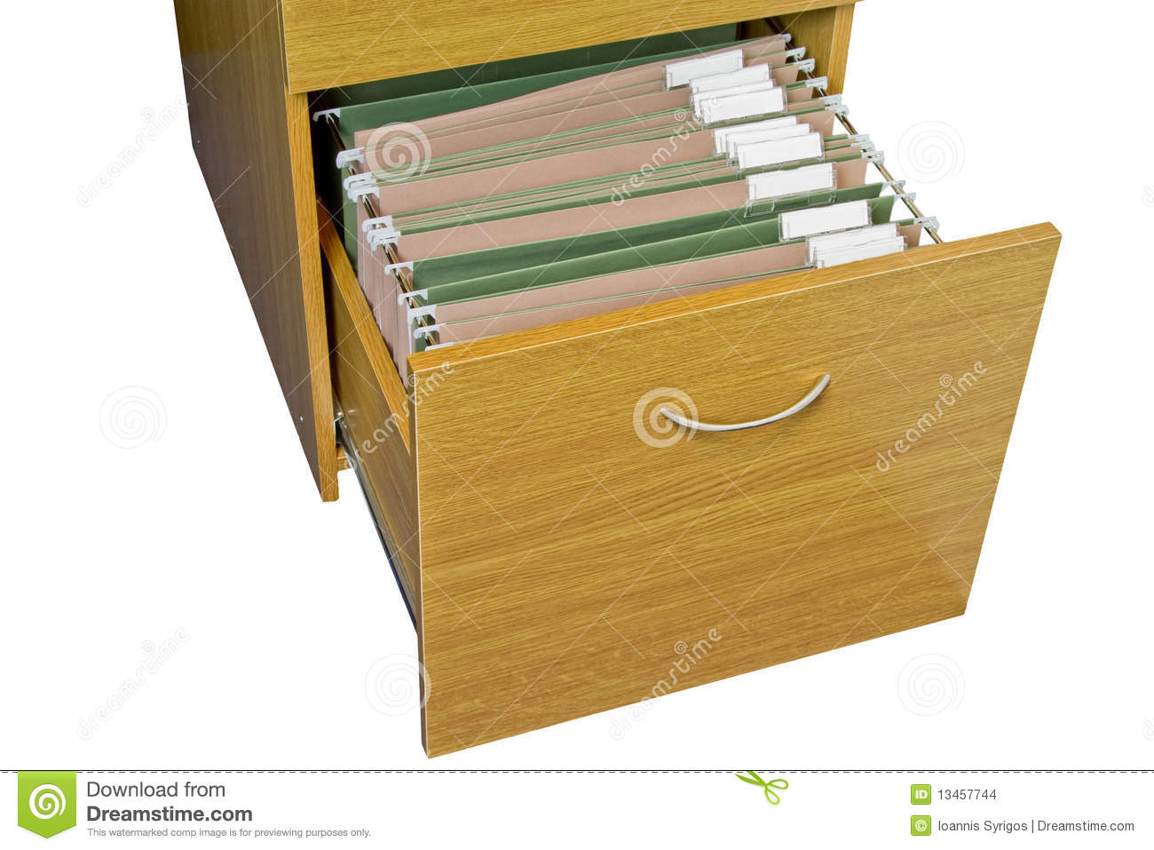 Wooden Filing Cabinet With One Drawer Open Showing Files On White    