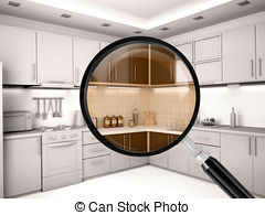 3d Illustration Of Kitchen Is Through A Magnifying Glass Stock