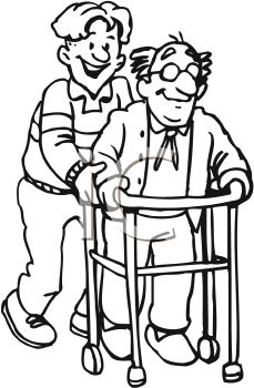 And White Cartoon Of A Man Helping His Elderly Father Clipart Image
