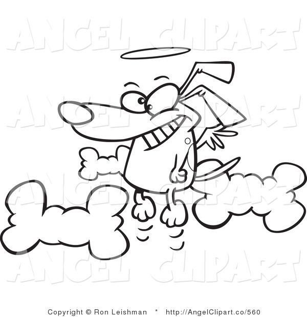 Clip Art Of An Outlined Angel Dog With Bone Clouds In Heaven