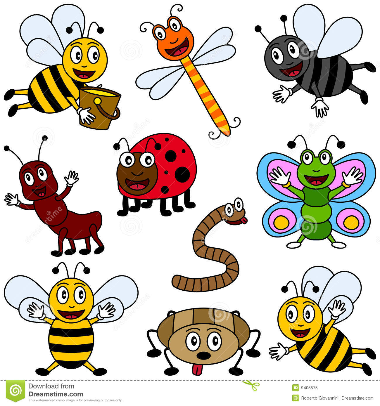 Collection Of Ten Funny Cartoon Insects  Three Bees A Dragonfly A