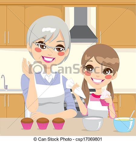 Grandmother Teaching Cooking To Granddaughter Decorating Cupcakes
