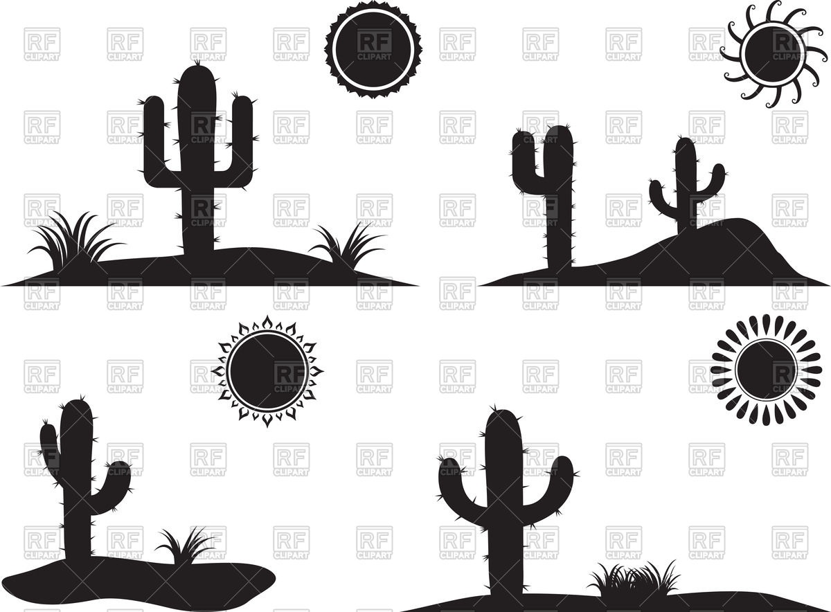 Silhouette Of Desert Landscapes With Cactus And Dune Silhouettes