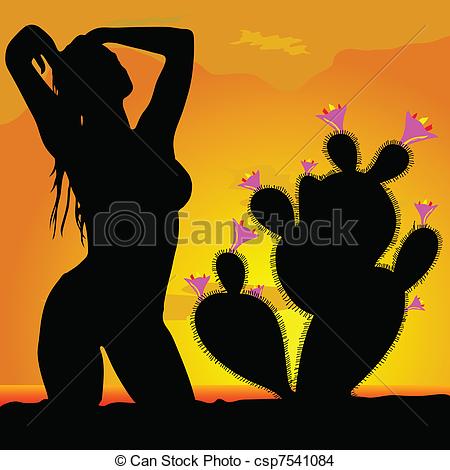 Vector   Meisje Silhouette Woestijn Cactus Deel Drie   Stock