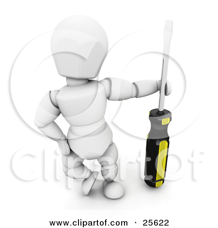 White Character Posing With A Black And Yellow Handled Screw