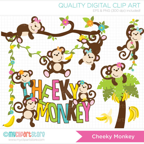 Cheeky Monkey   Girl Monkey Clip Art   Digital Clipart   Instant