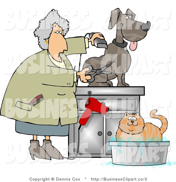 Clip Art Of A Lady Grooming A Dog With Clippers And Bathing A Cat In A