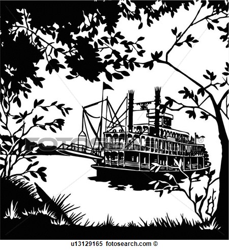 Illustration Lineart River Boat Riverboat Scene View Large Clip