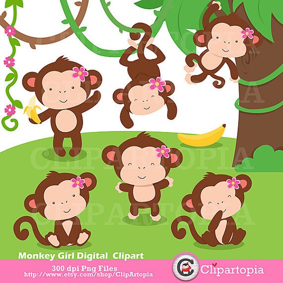 Monkey Girl Digital Clipart   Cute Monkey Girls Clip Art For Personal