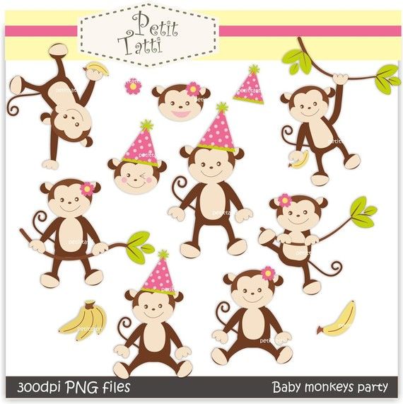 Monkey Girls Digital Clip Art   Baby Monkey Party Girls  Instant
