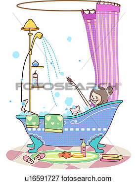 Taking Bath In A Bathtub With Her Cat  Fotosearch   Search Eps Clipart