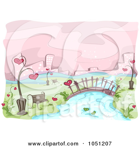 Vector Clip Art Illustration Of A Romantic Scene Of A Bench By A River