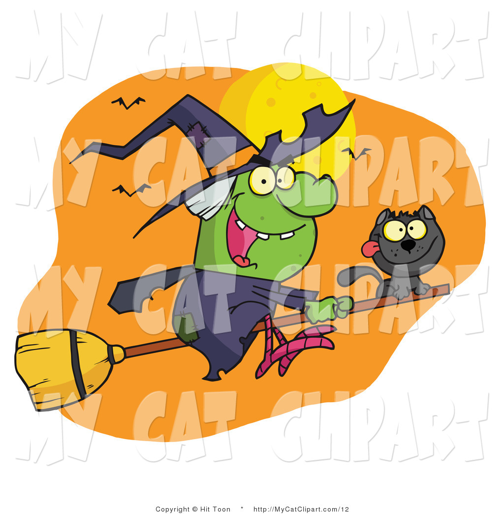 Wicked Halloween Witch And Black Cat Flying By Bats And A Full Moon On