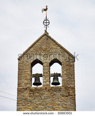 Ancient Bell Tower Of An English Village Church With Two Bronze Bells