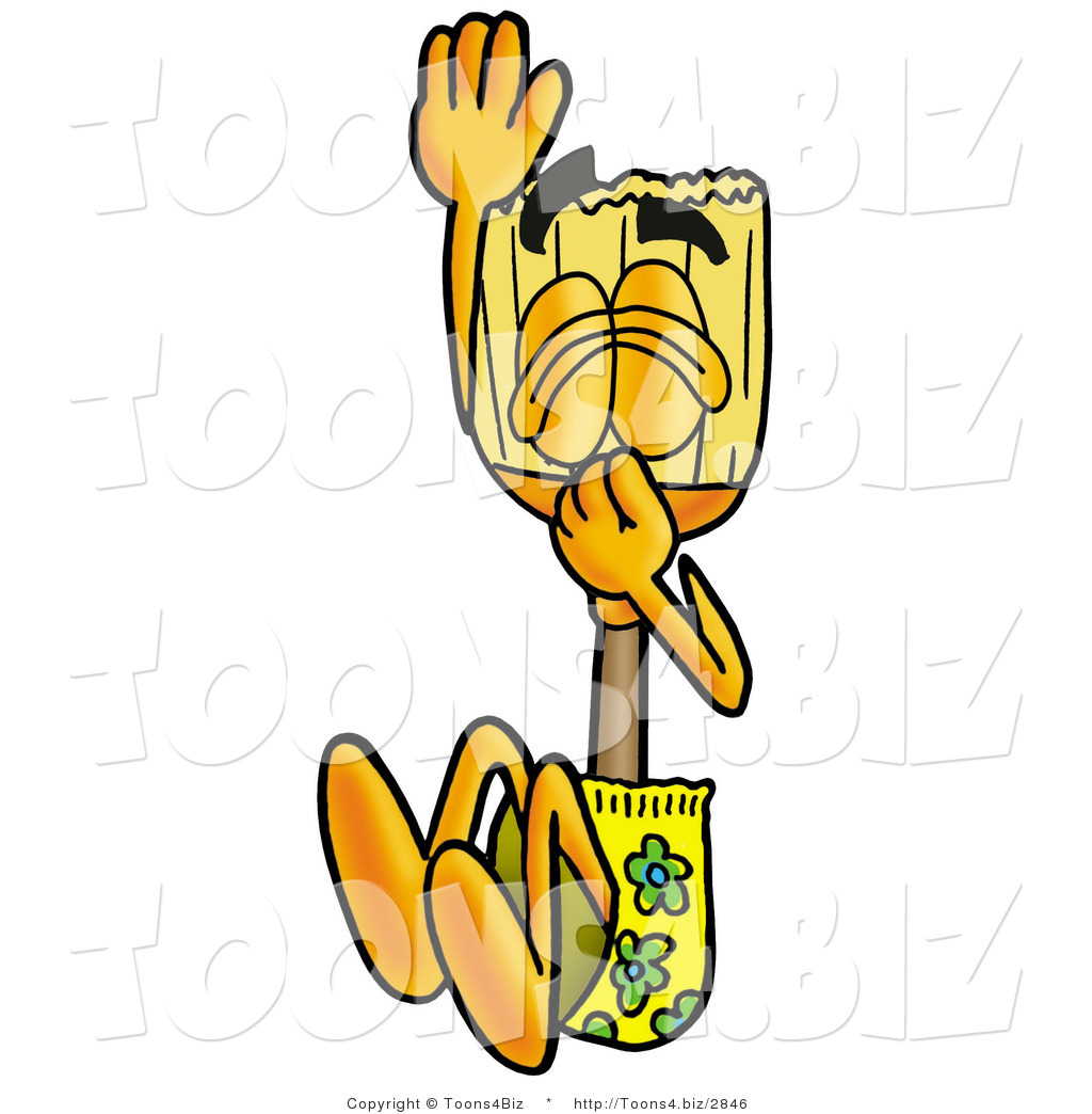 Broom Mascot Plugging His Nose While Jumping Into Water Cartoon Broom