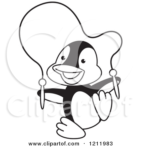 Clipart Of A Black And White Happy Penguin Playing With A Jump Rope