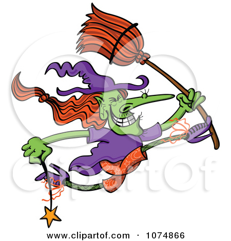 Clipart Wicked Halloween Witch Jumping With A Wand And Broom   Royalty