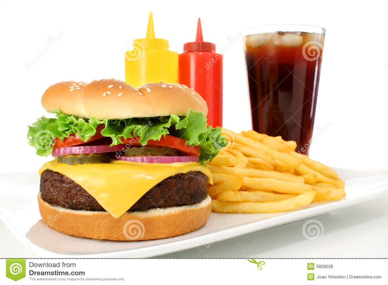 Fast Food Meal Including A Cheeseburger Hamburger French Fries And