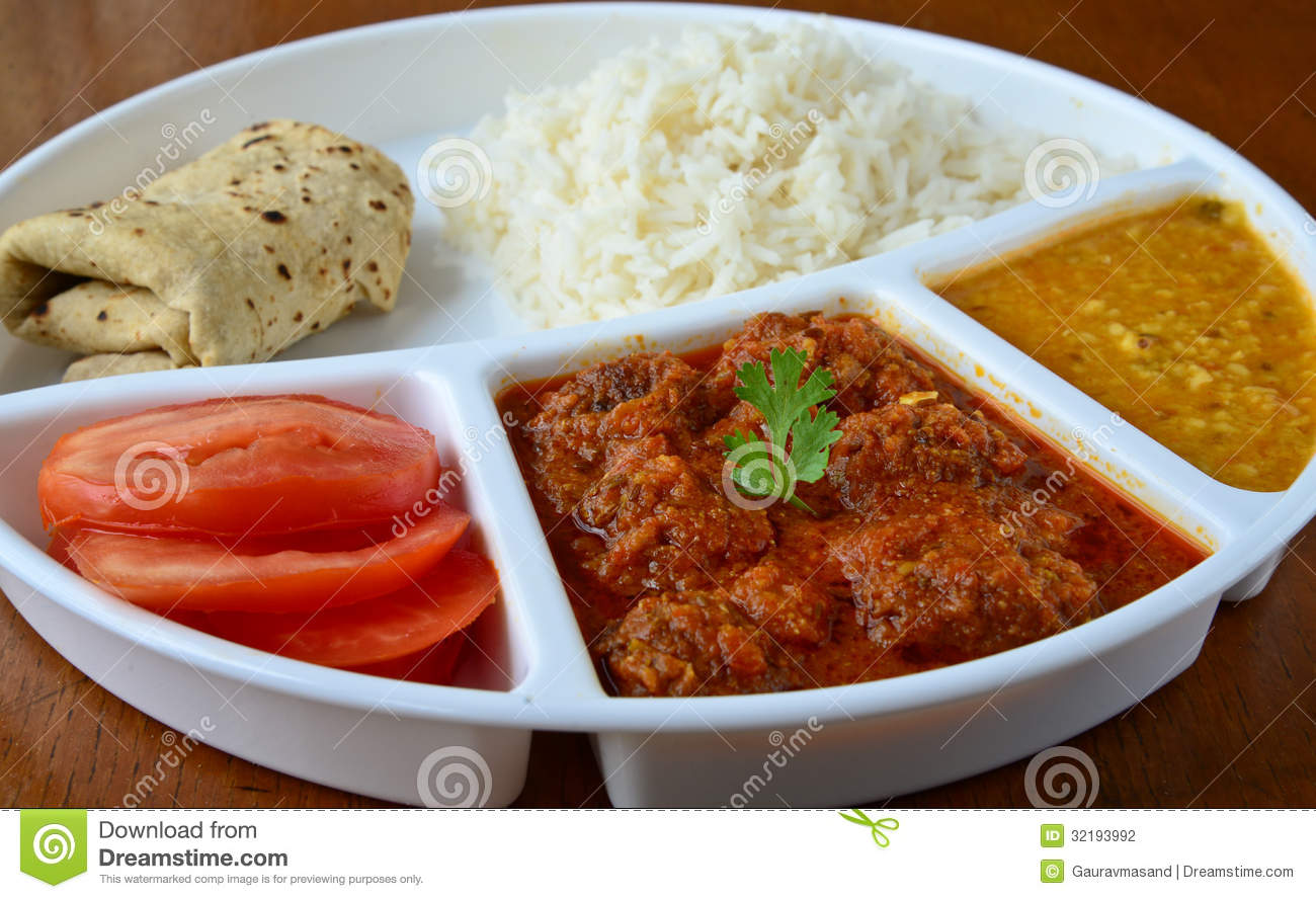 Indian Meal Consisting Of Rotiricedal And Vegetable Kofta
