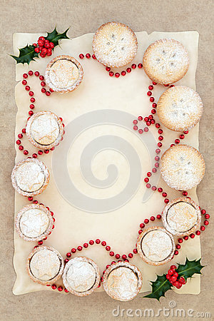 Abstract Christmas Background Border With Mince Pie Cakes Holly And