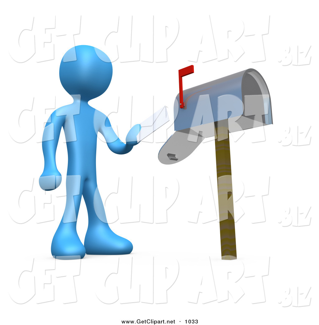 Blue Man Standing In Front Of A Mailbox With The Red Flag Up Mailing
