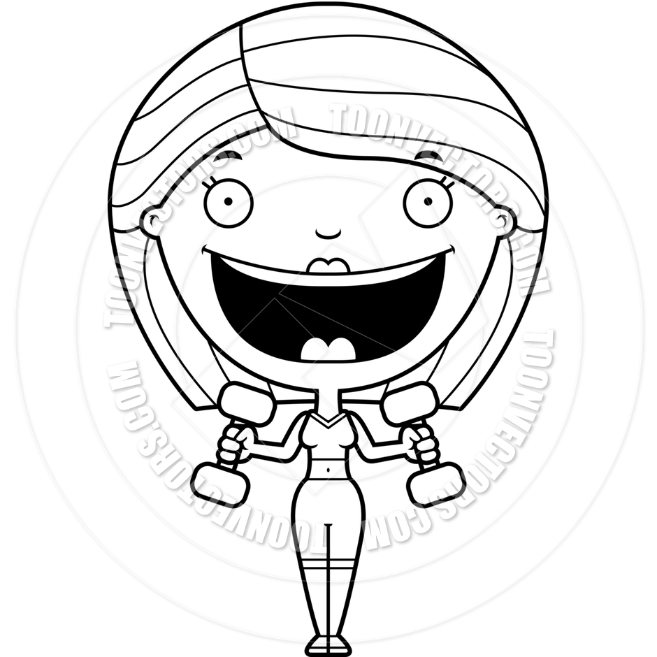 Cartoon Woman Happy Lifting Weights  Fitness Black   White  By Cory