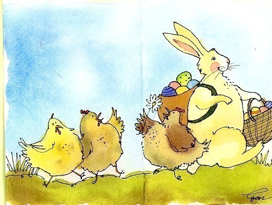 Funny Easter Card  Spring Easter Bunny Rabbit   Chickens Watercolor