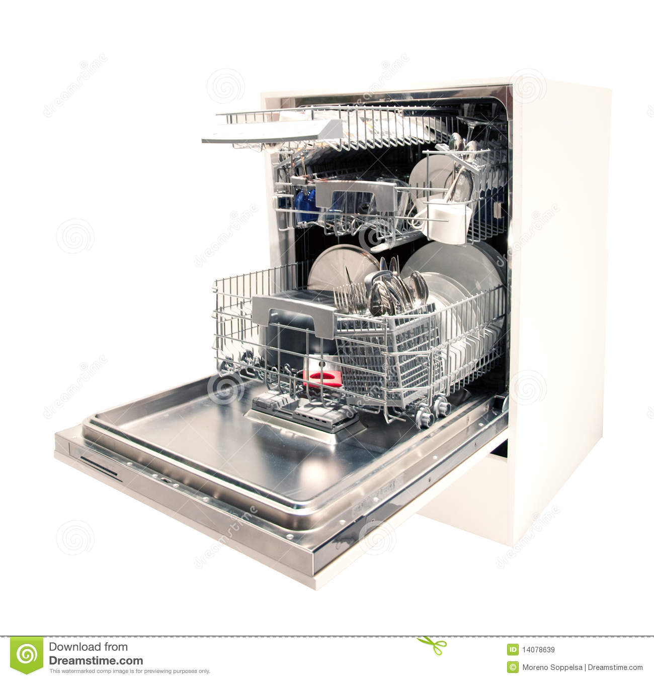 Modern Dishwasher Open Filled With Dishes And Cutlery Isolated On
