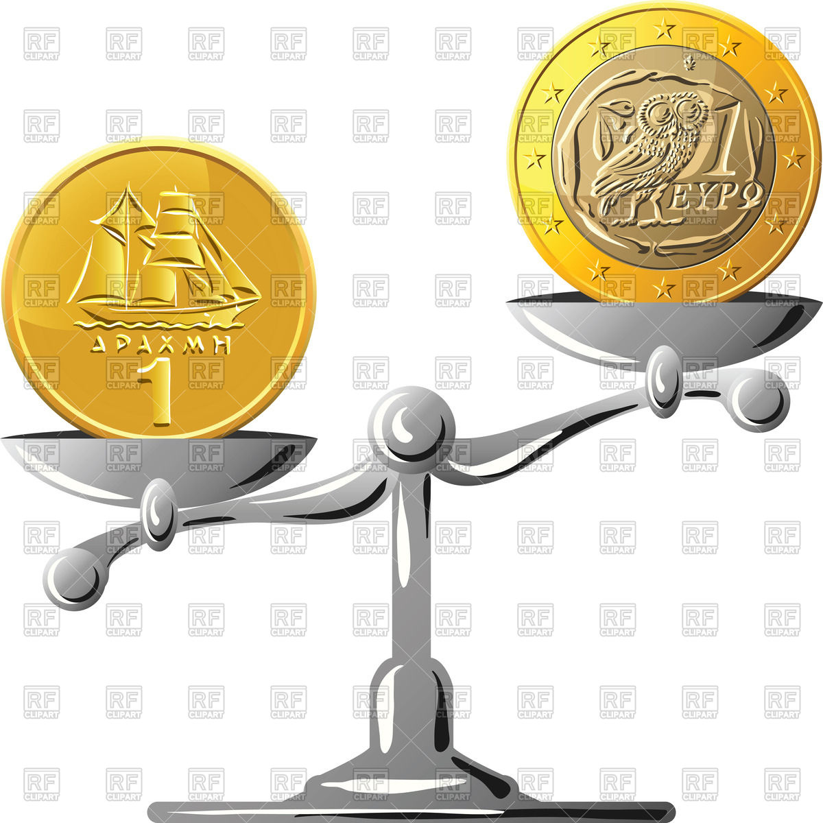 Old Greek Drachma Coin And Euro Coin On The Scales Business Finance    