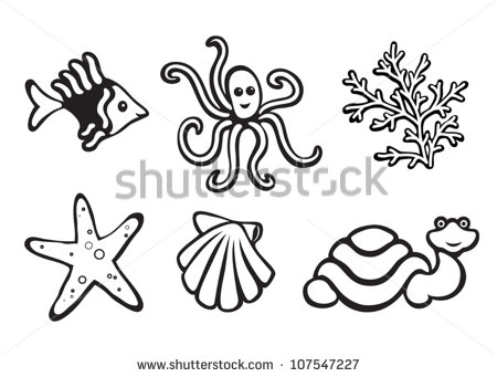 Sea Life Clipart Black And White Sea Creatures Isolated On
